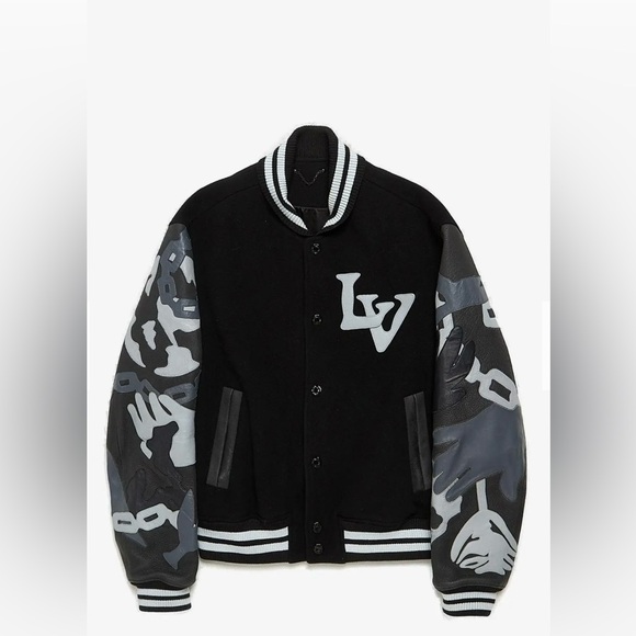 Virgil Abloh Black Leather Sleeve Patched Wool Bomber Jacket - Picture 1 of 1